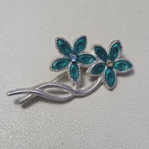 Vintage Unsigned Silver Tone & Blue Green Double Flower Brooch‎ Pin AS IS